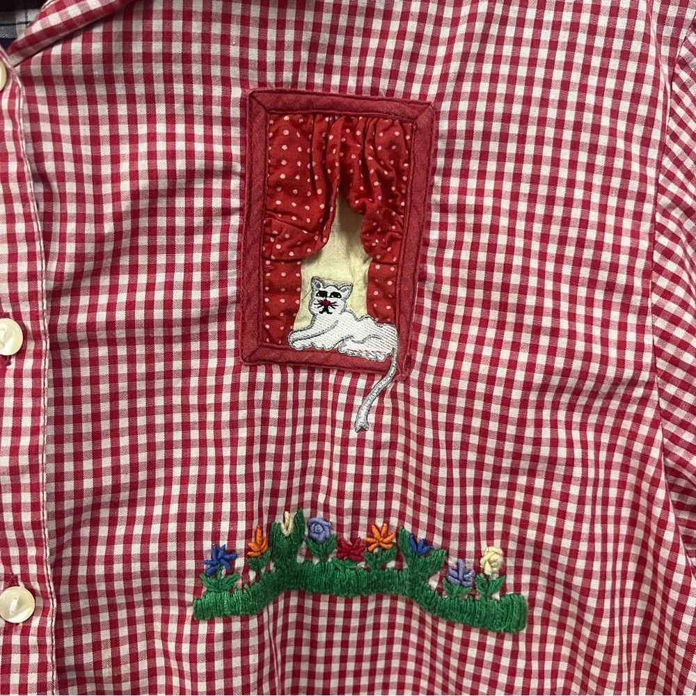 VTG 90s Casey Max Gingham Plaid Embroidered Cat Garden Shirt Red Windows Medium - Picture 4 of 9